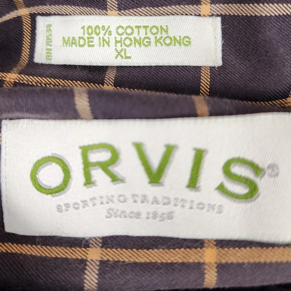 Orvis Mens XL Short Sleeve Button Down Shirt Brown Tan Windowpane Plaid Cotton